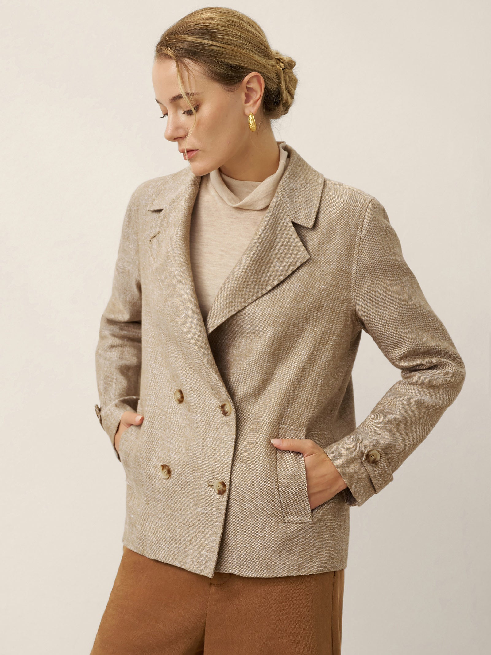 100% Linen Convertible Stand Collar Double Breasted Blazer Jacket NAOMI