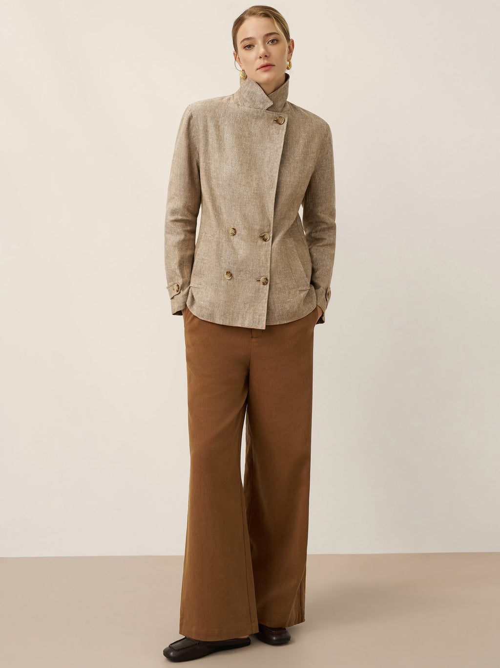 100% Linen Convertible Stand Collar Double Breasted Blazer Jacket NAOMI