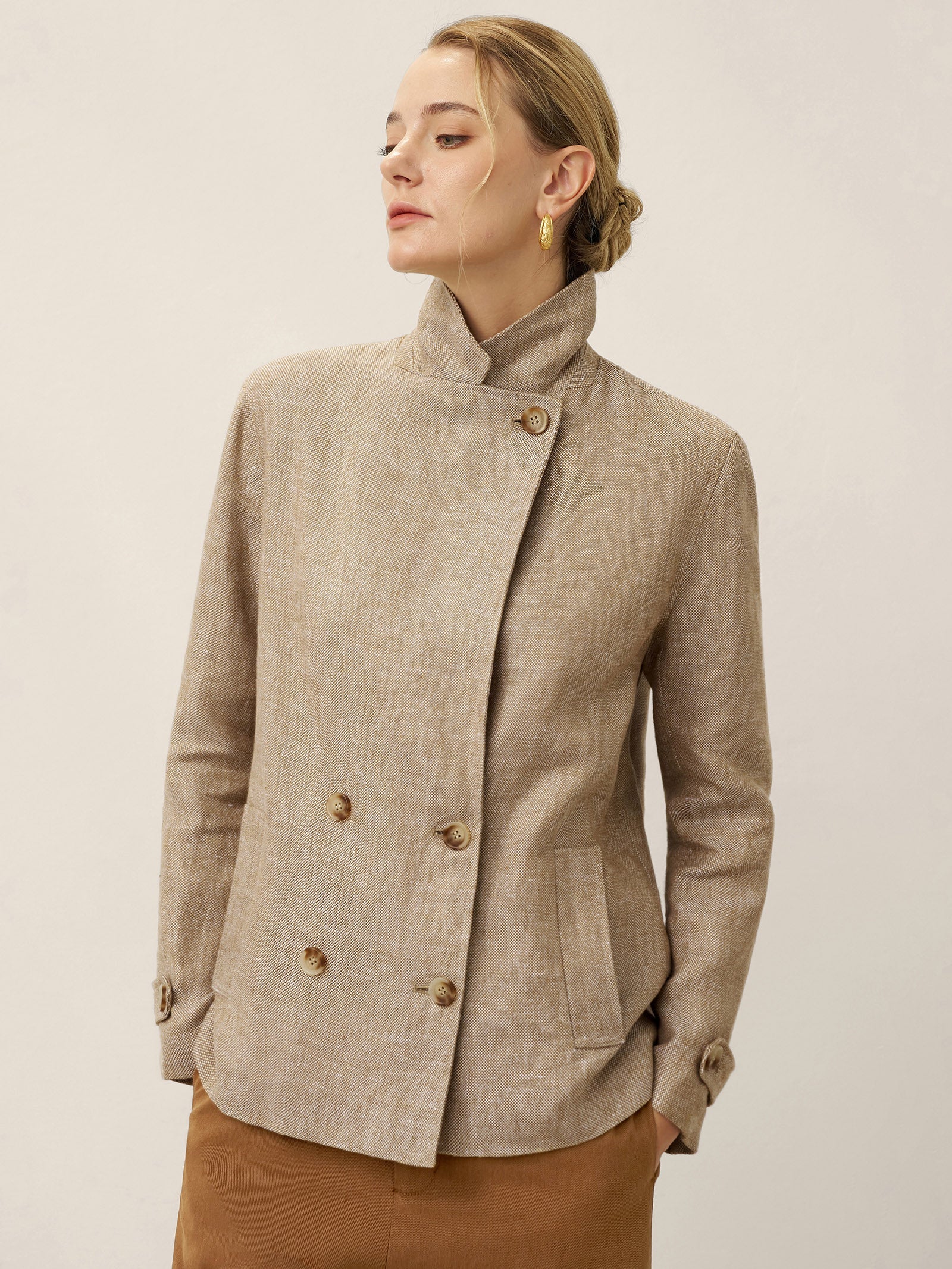 100% Linen Convertible Stand Collar Double Breasted Blazer Jacket NAOMI