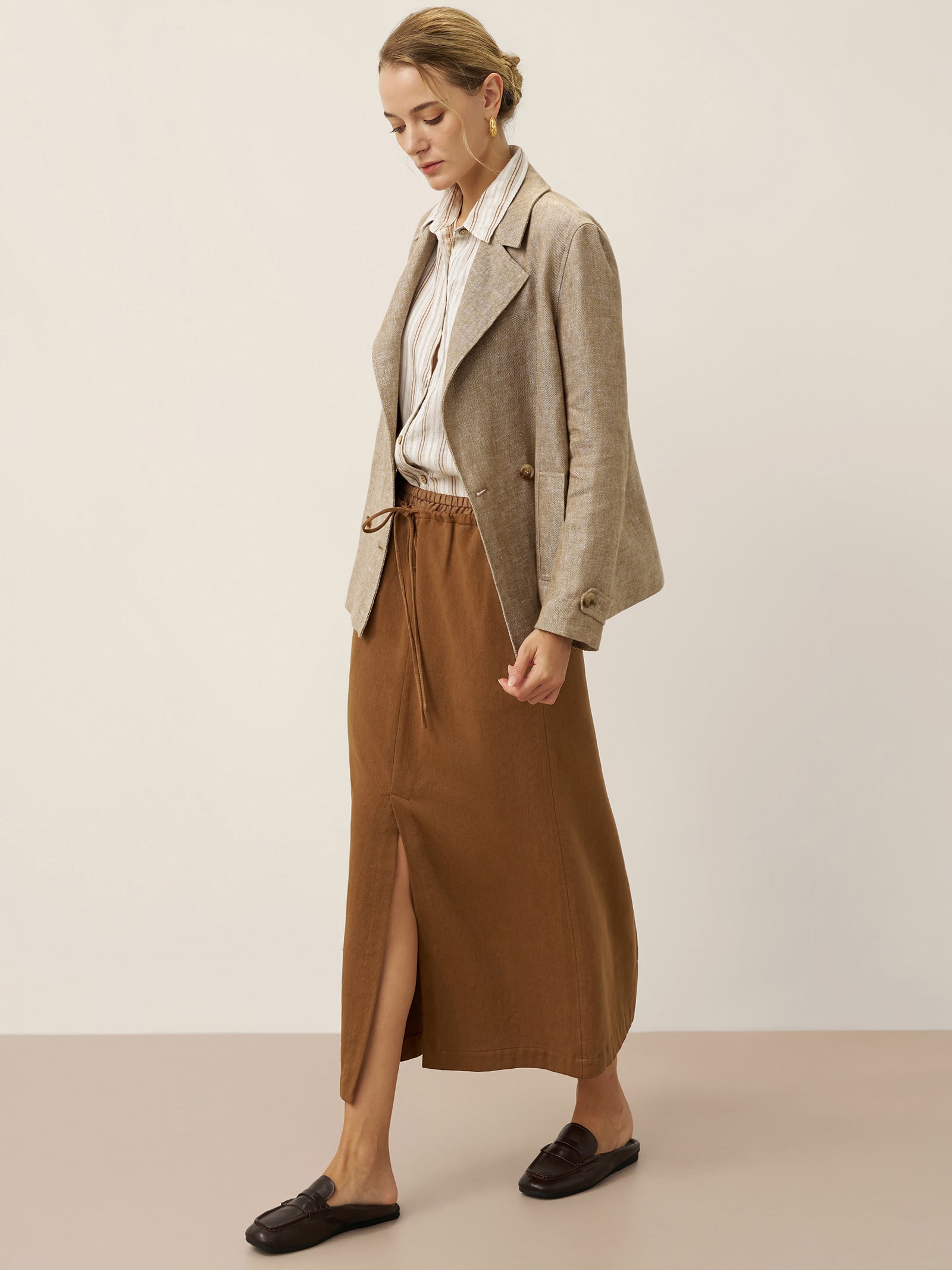 100% Linen Convertible Stand Collar Double Breasted Blazer Jacket NAOMI