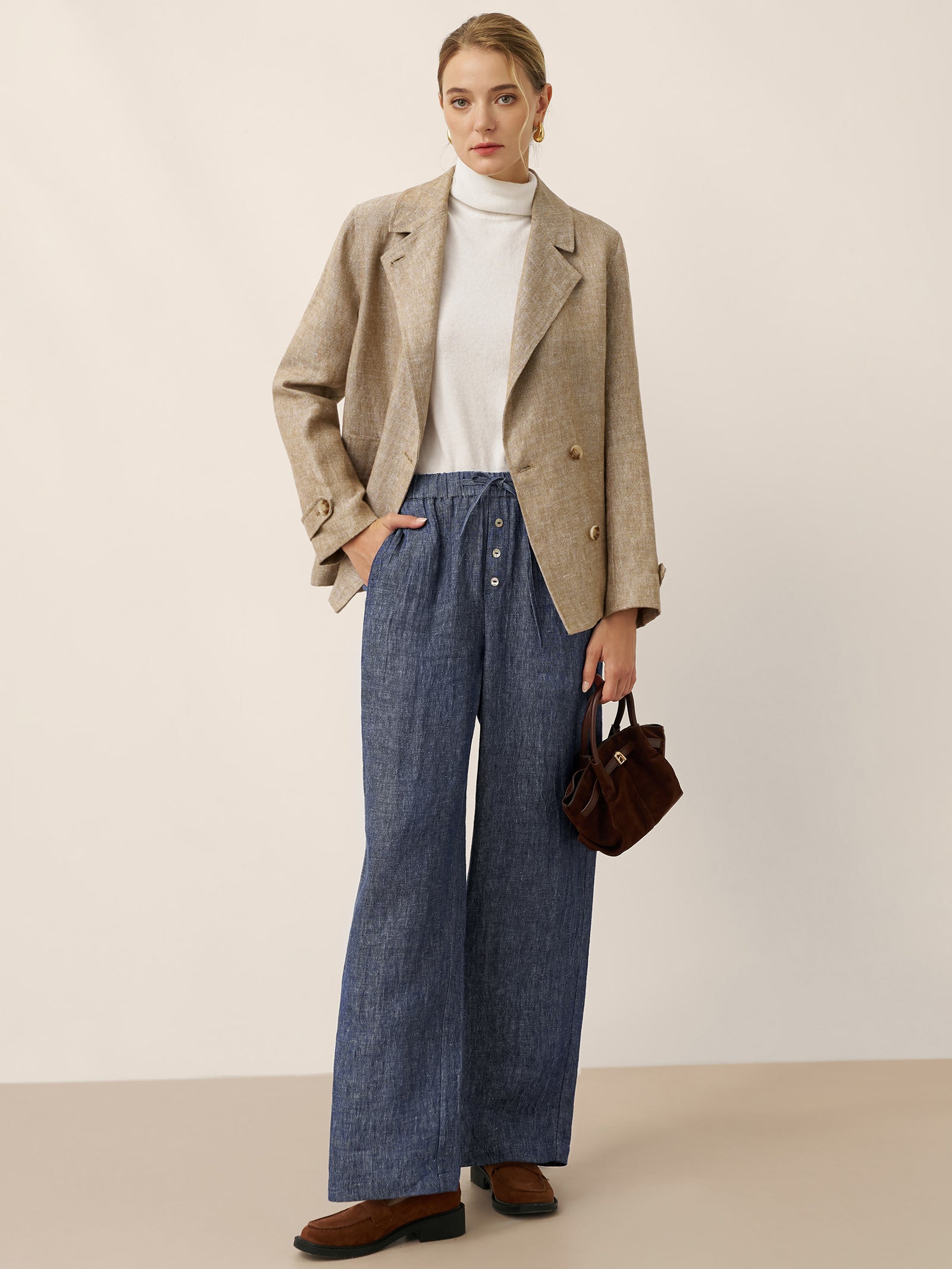 100% Linen Convertible Stand Collar Double Breasted Blazer Jacket NAOMI