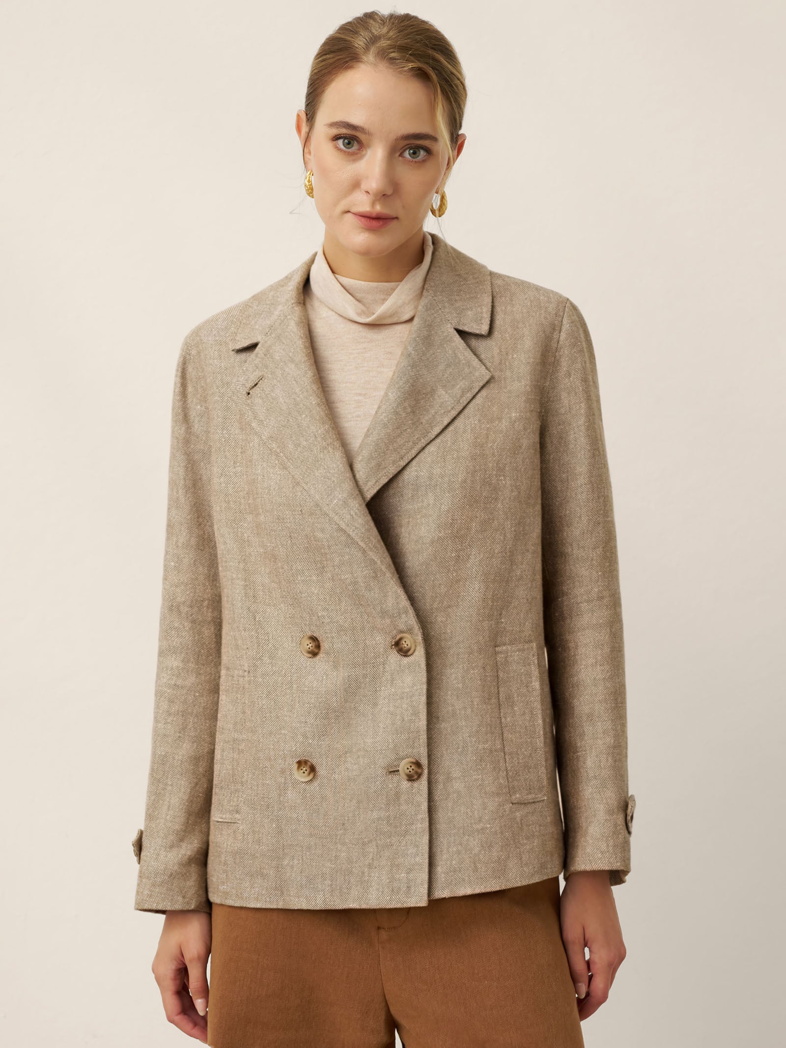100% Linen Convertible Stand Collar Double Breasted Blazer Jacket NAOMI
