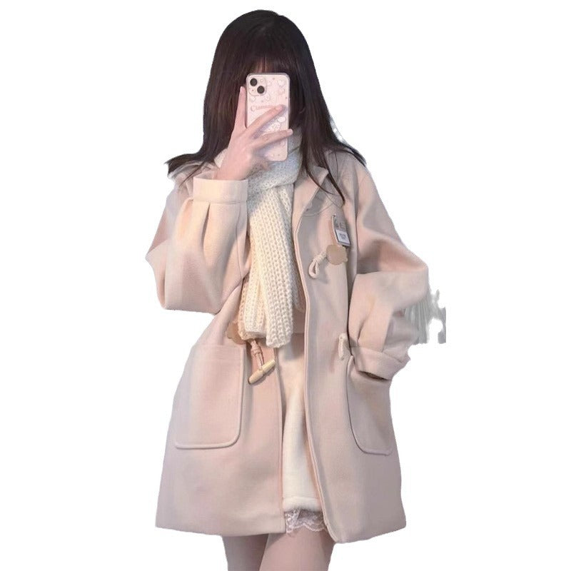 Japanese-style Woolen Women's School Coat With Horn Buttons