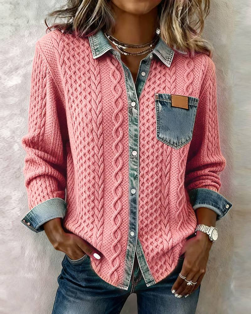 Women's Fashion Knit-and-jean Patchwork Shirt For Fall And Winter