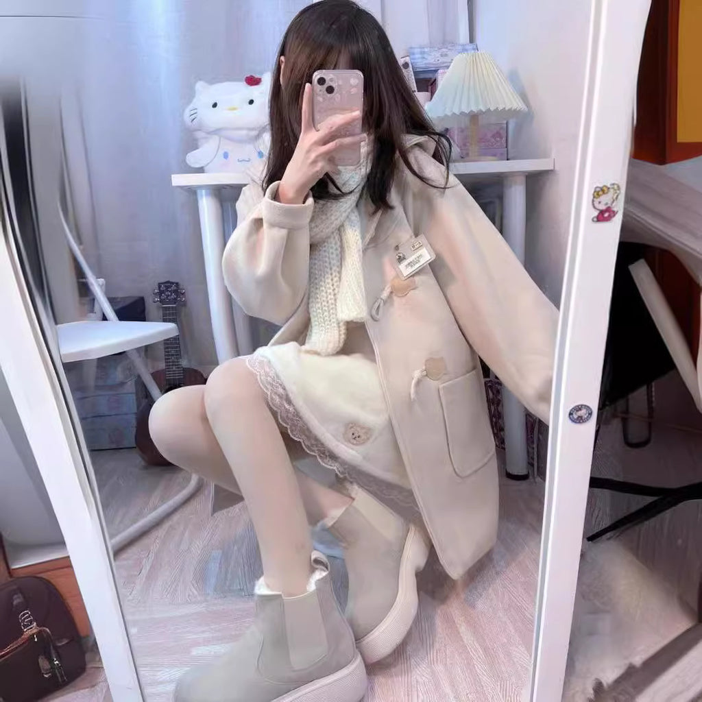 Japanese-style Woolen Women's School Coat With Horn Buttons