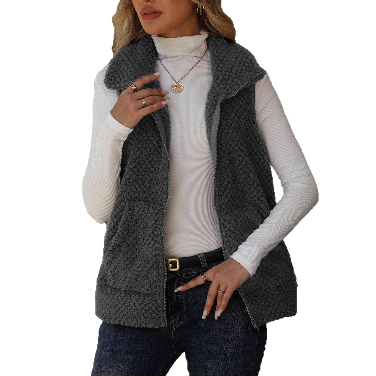 Cardigan Zipper Loose Pocket Double-Sided Fleece Vest