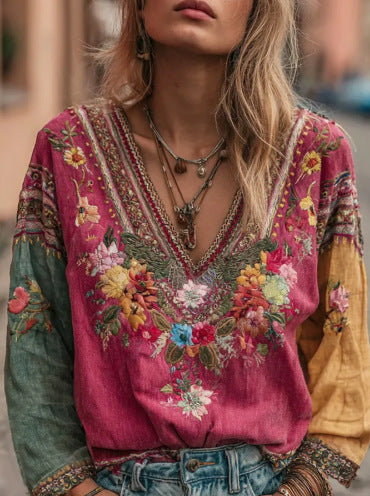 Women's Casual Vintage Bohemian V-neck Top With Ethnic-style Long Sleeves