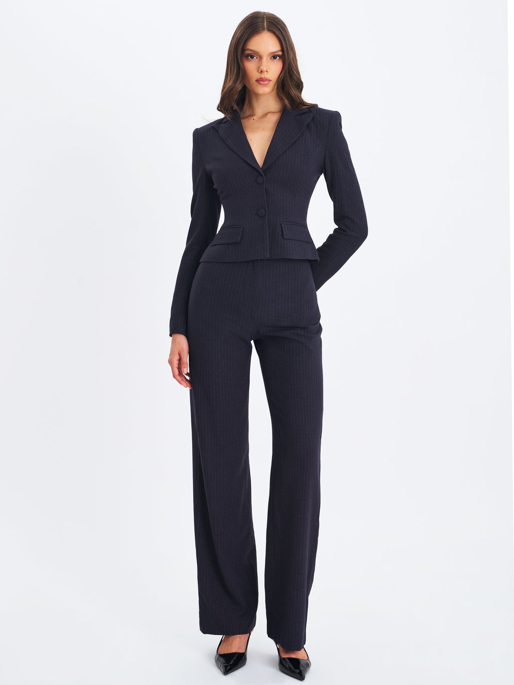 Quinne Navy Striped Single-Breasted Peplum Blazer