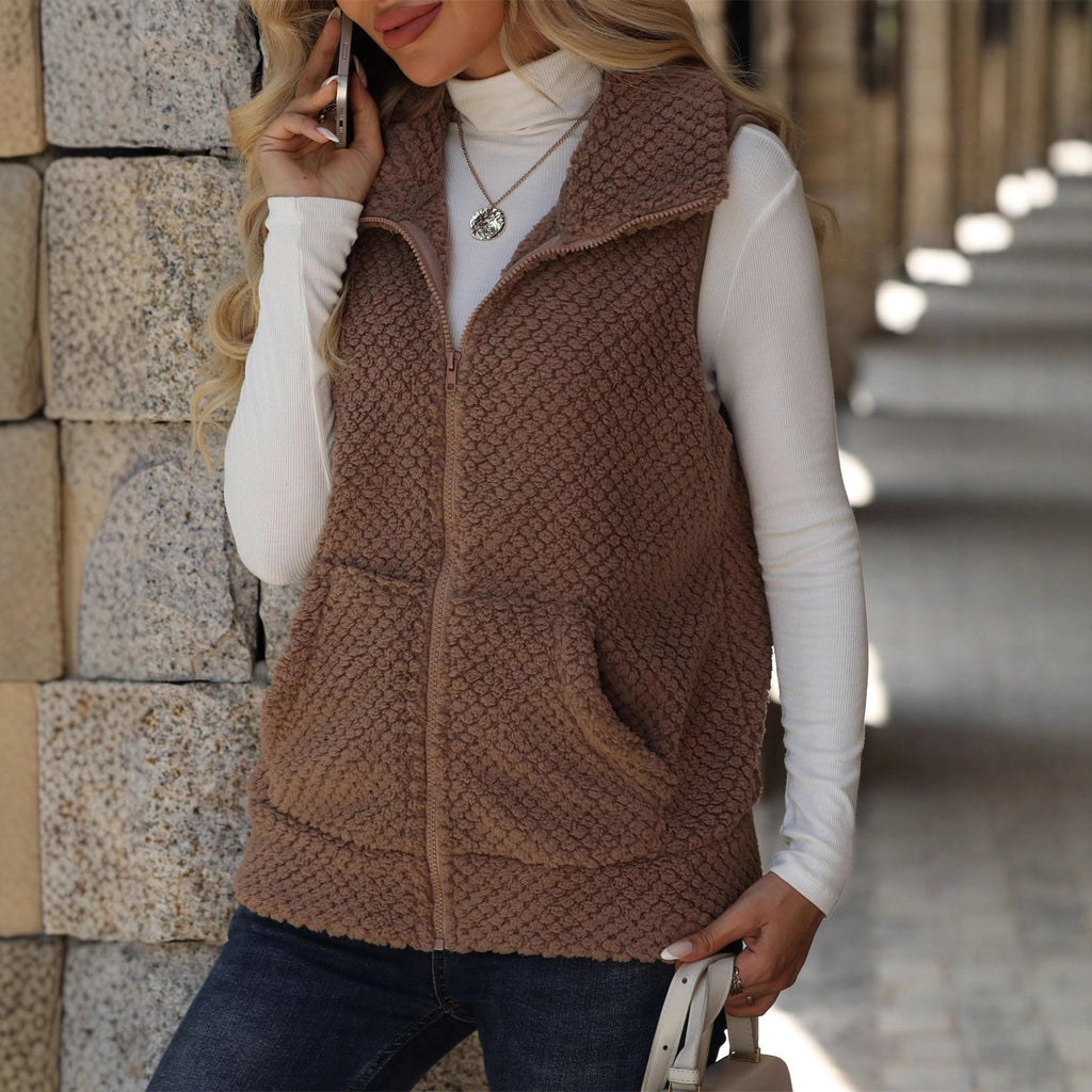 Cardigan Zipper Loose Pocket Double-Sided Fleece Vest