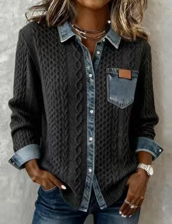 Women's Fashion Knit-and-jean Patchwork Shirt For Fall And Winter