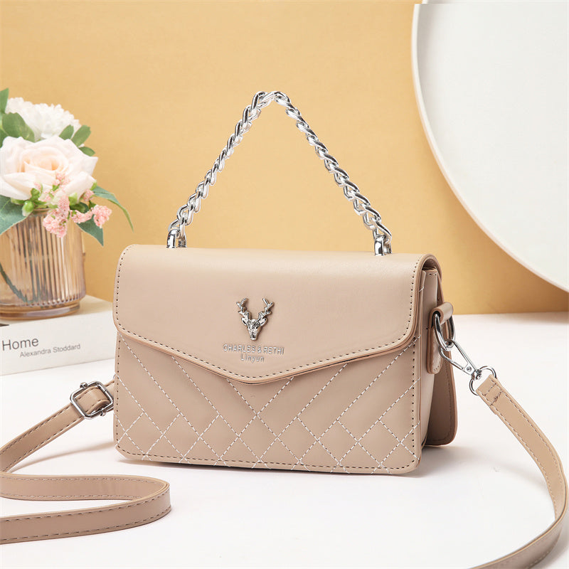 Soft Blush Quilted Mini Bag - Retro Style Casual Handbag Waterproof Minimalist Single Shoulder Wide Strap PU Polyester Lining Stylish Thick Chains