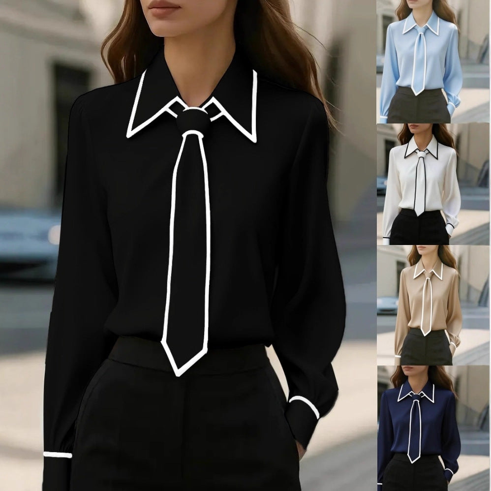 Autumn Fashion Solid Color Commute Tie Design Long Sleeve Shirt Women's Clothing
