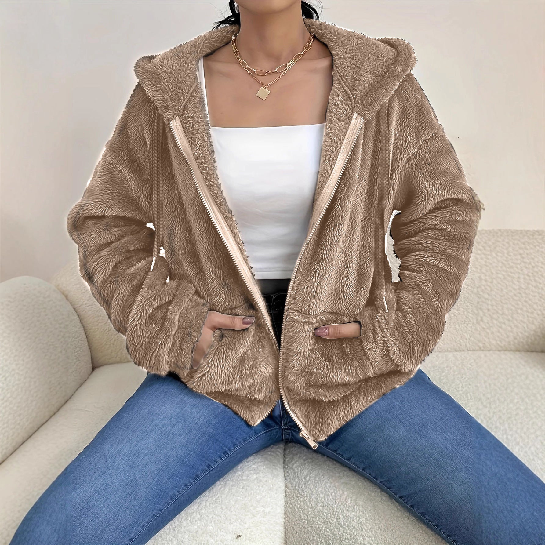 Casual Cozy Loose-fitting Hoodie With A Hood Zipper And Plush Pockets