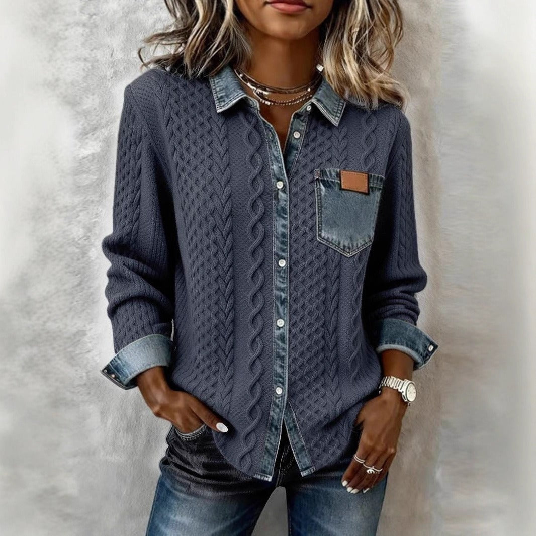 Women's Fashion Knit-and-jean Patchwork Shirt For Fall And Winter