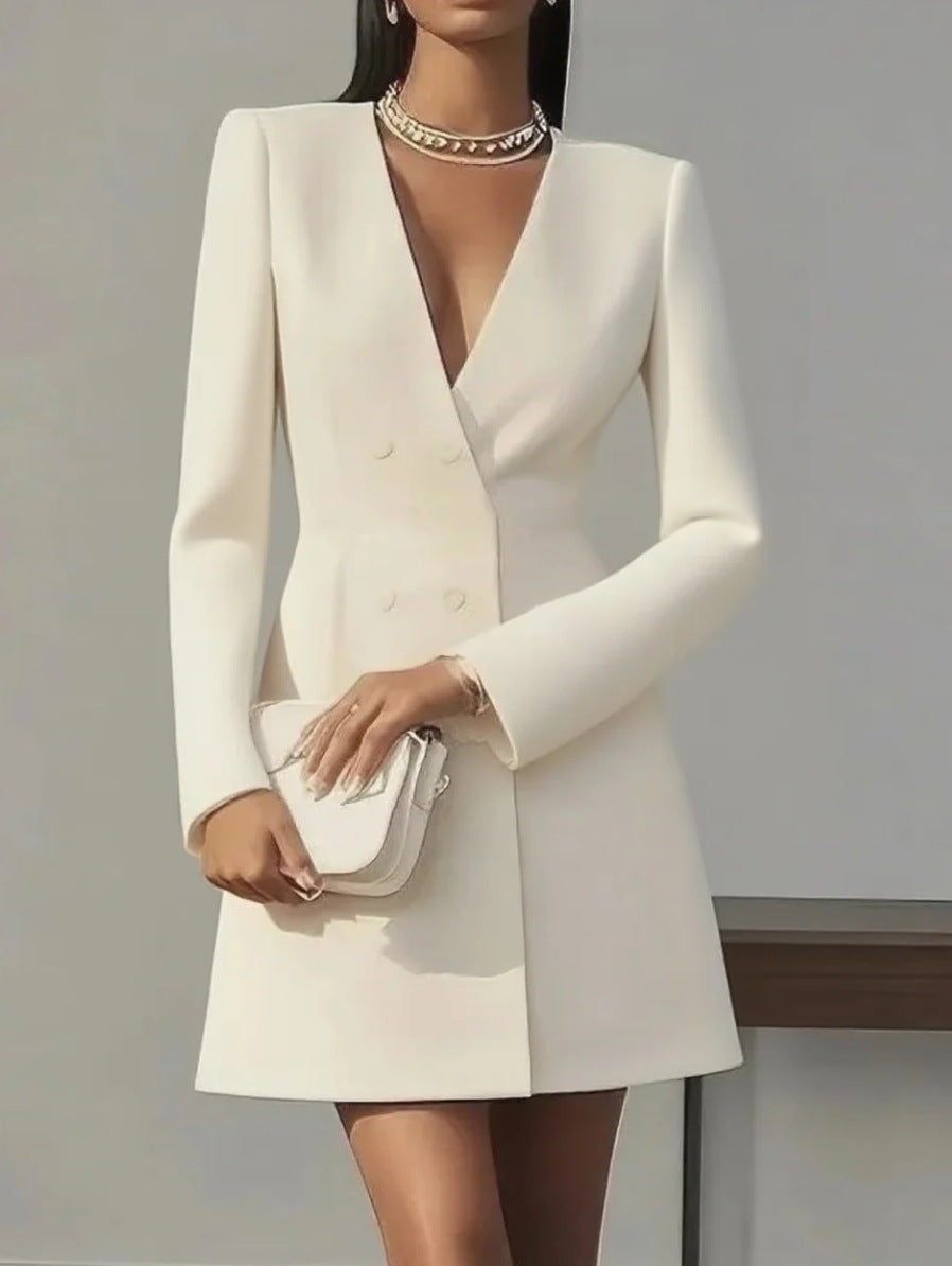 Solid-color V-neck Suit-style French Dress For Women