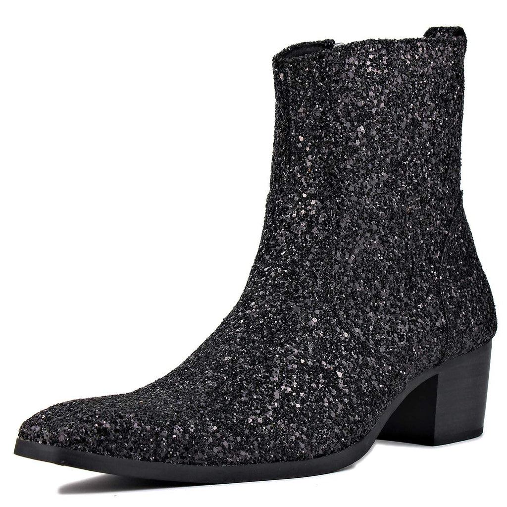 OSSTONE Dress Boot for Men Leather Glitter Chukka Designer Boots Casual Heel Shoes Zipper-up