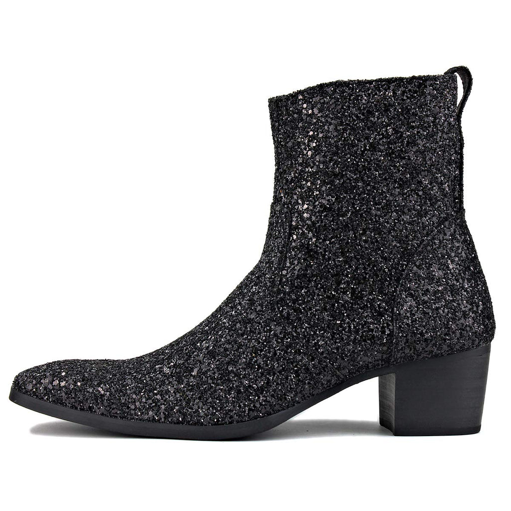 OSSTONE Dress Boot for Men Leather Glitter Chukka Designer Boots Casual Heel Shoes Zipper-up