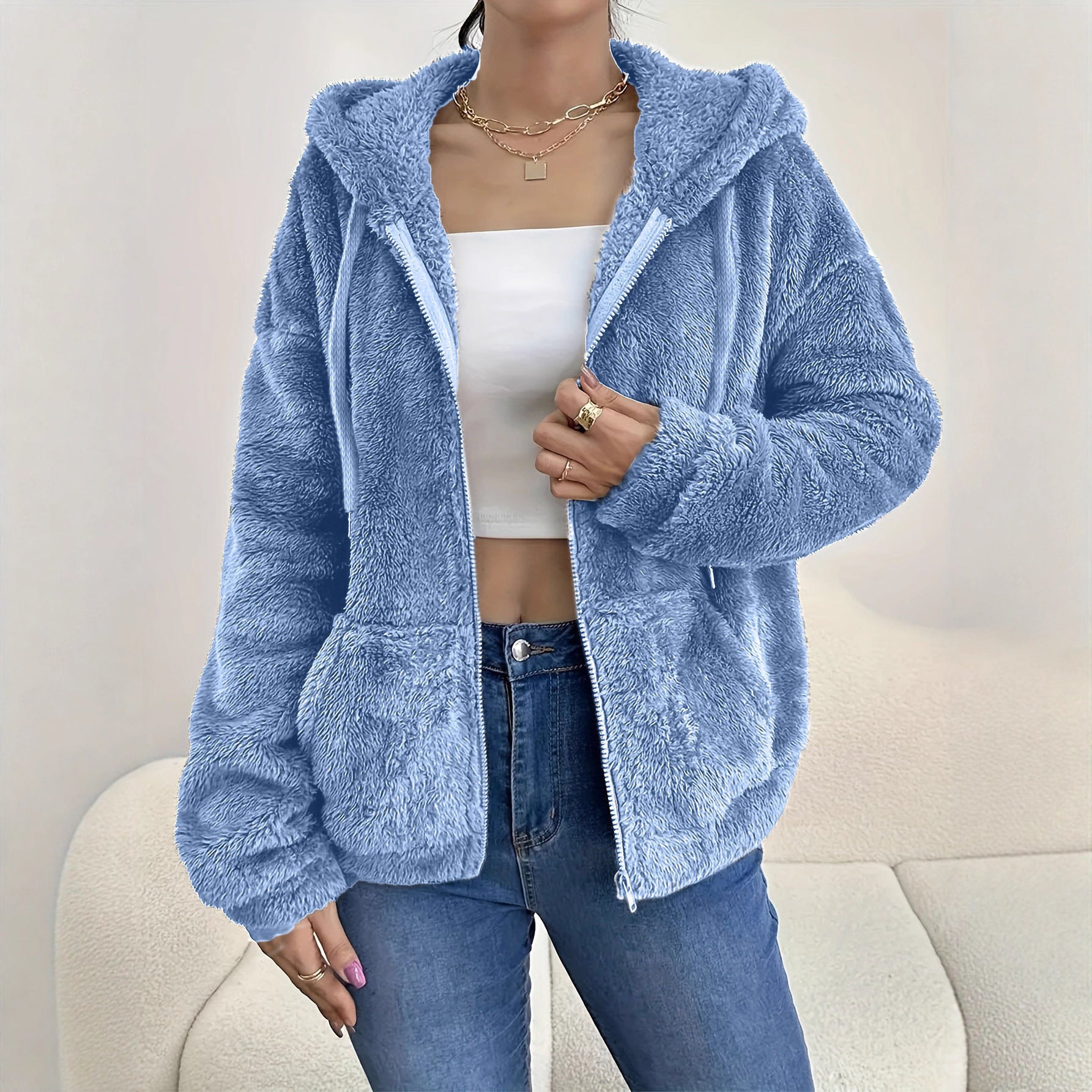 Casual Cozy Loose-fitting Hoodie With A Hood Zipper And Plush Pockets