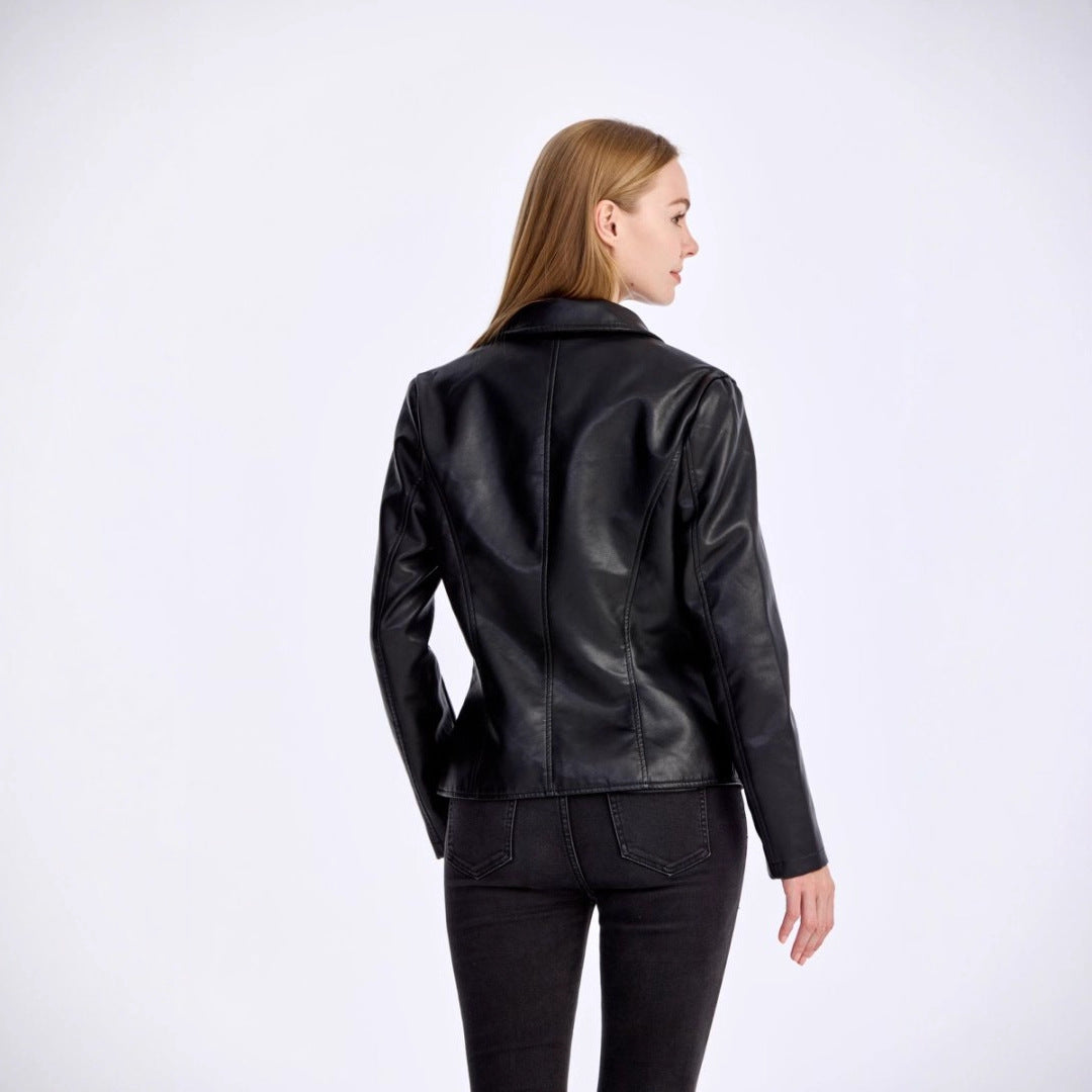 Womens Slim-fit Lightweight PU Leather Moto Jacket With A Turn-down Collar