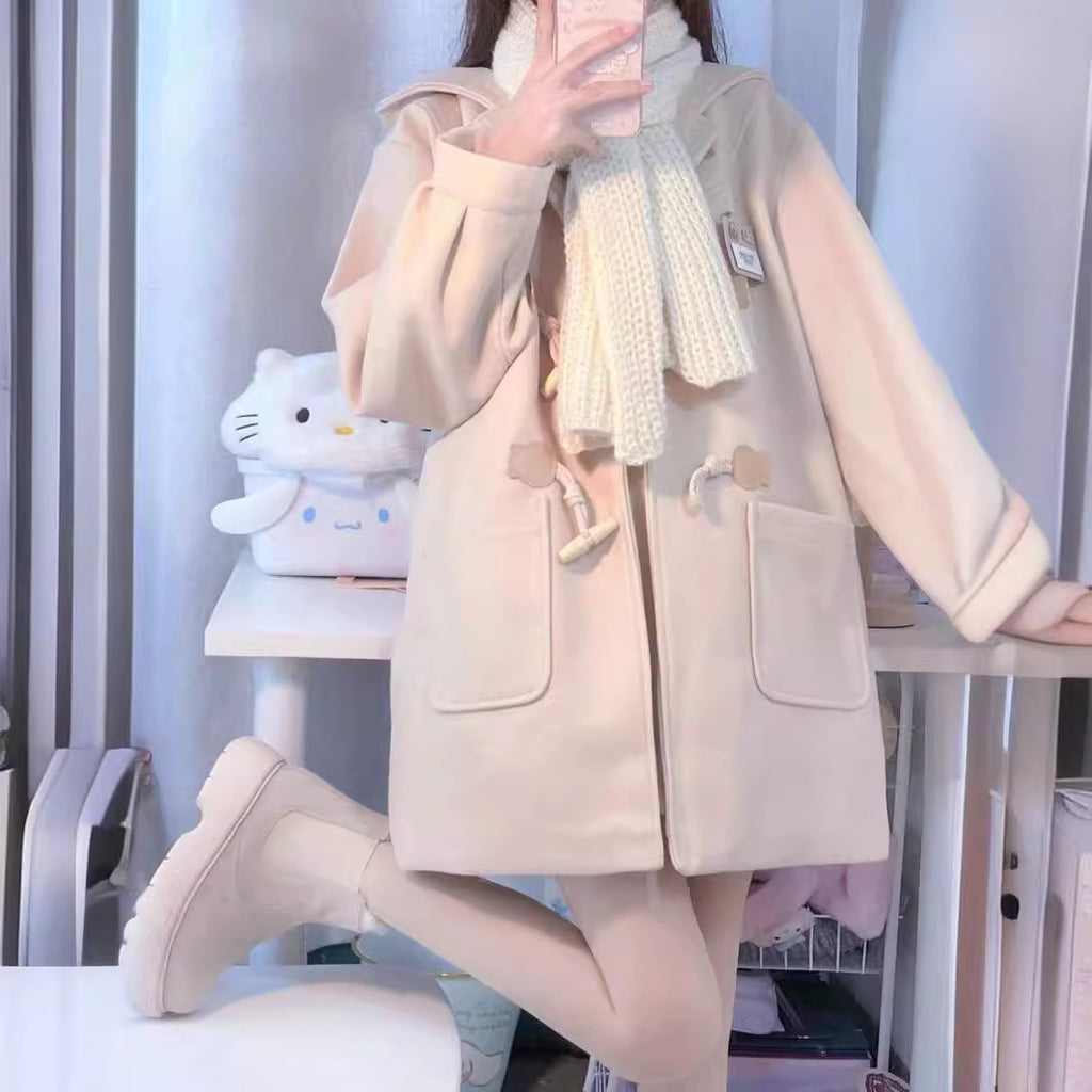 Japanese-style Woolen Women's School Coat With Horn Buttons