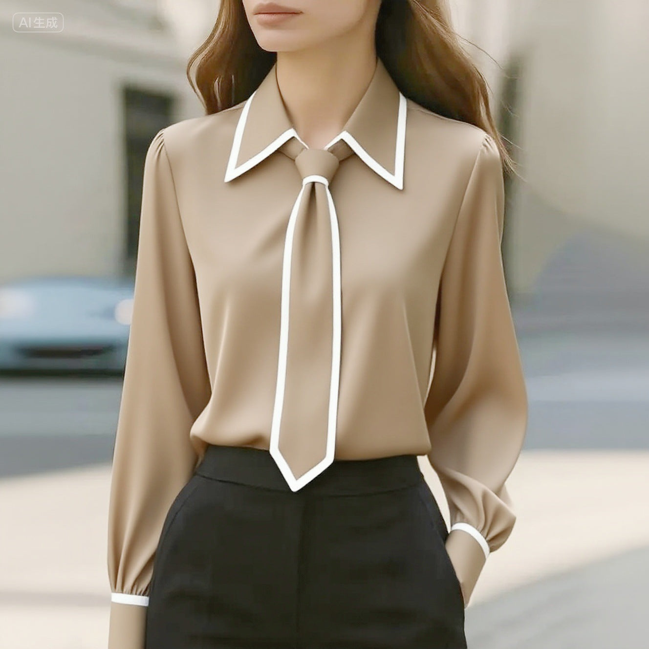 Autumn Fashion Solid Color Commute Tie Design Long Sleeve Shirt Women's Clothing