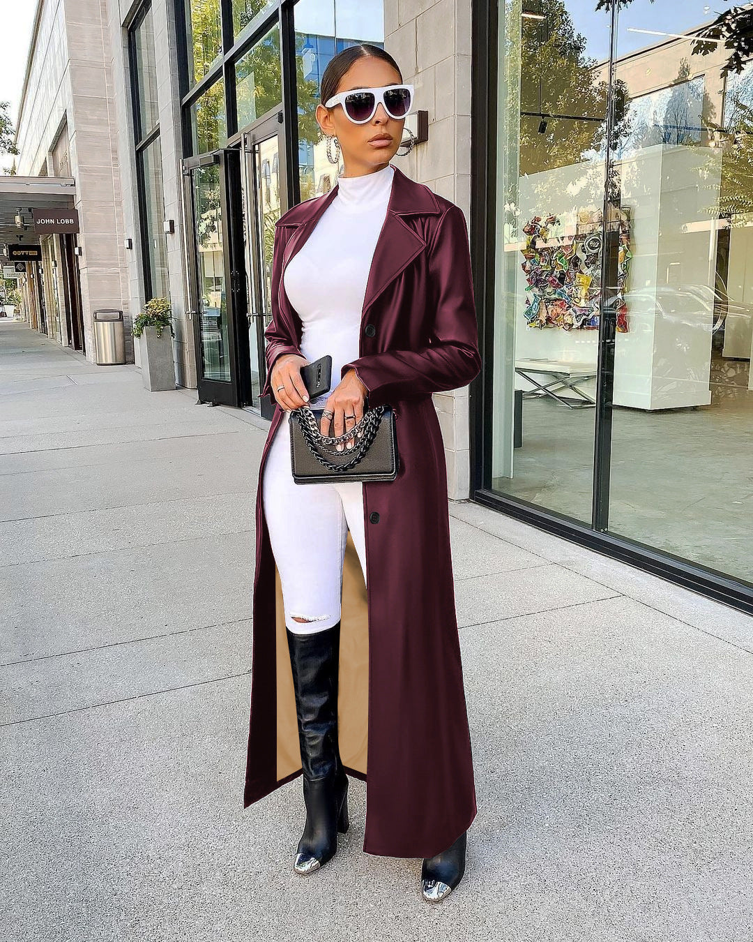 Lapel Button Street All-match Warm And Trendy Long Leather Coat