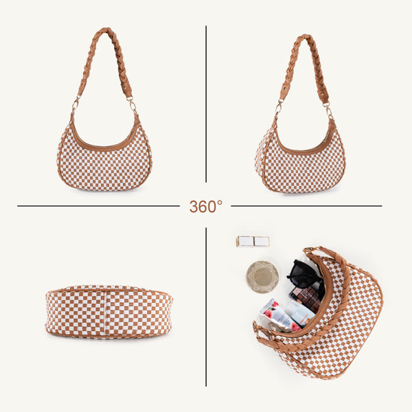 Women Woven Hobo Handbag For Women Fashion Vegan Leather Tote Bag For Women-Brown