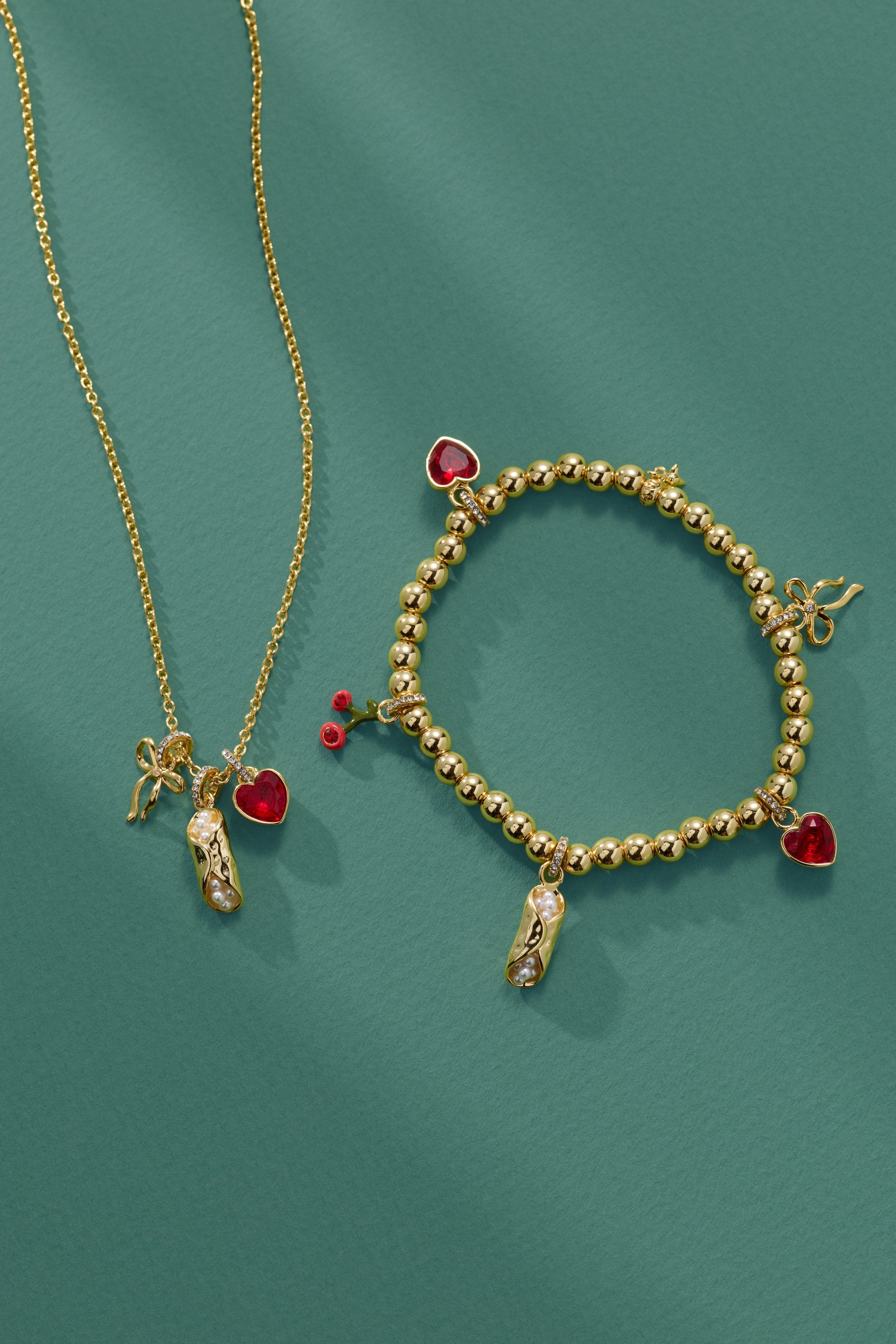 'There Cannoli Be You' Bow & Heart Beaded Charm Stretch Bracelet