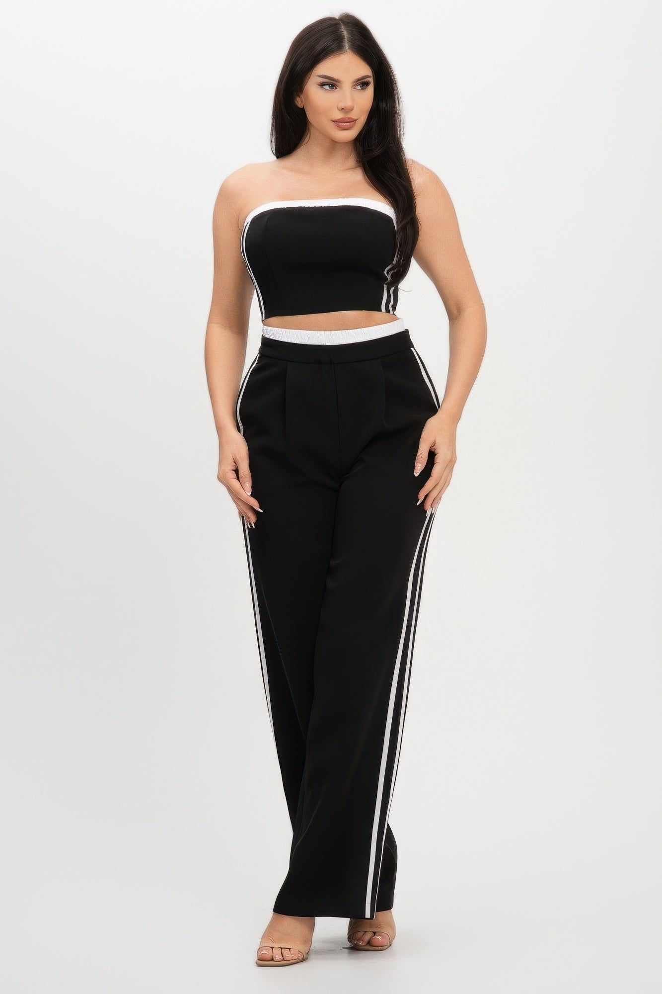 Stripe Tapping Contrast Elastic Band Toppants Set