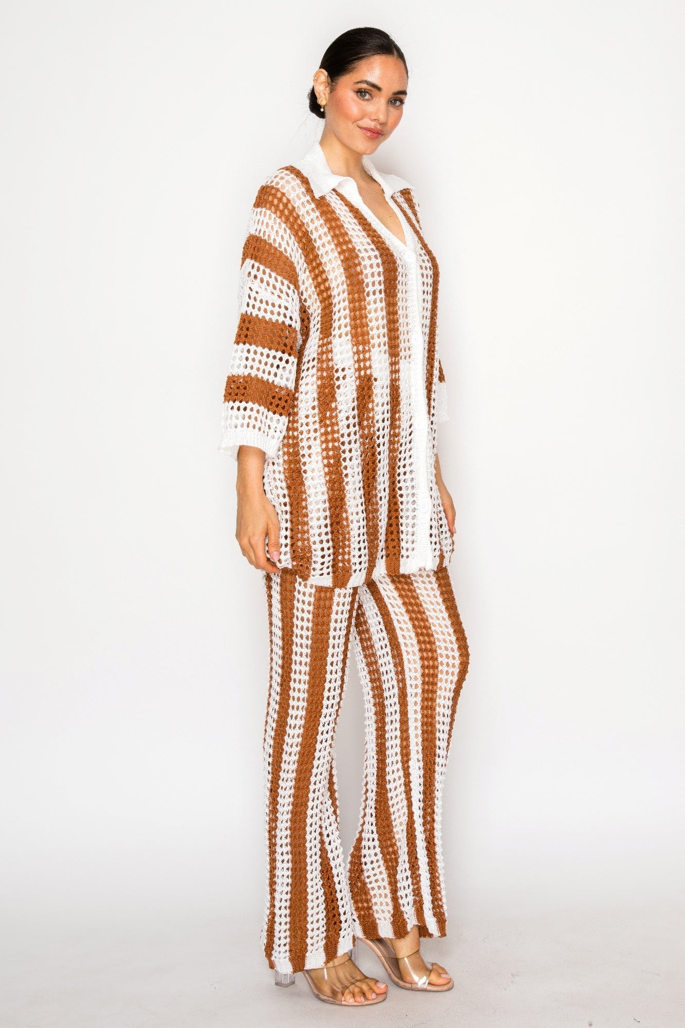 Sheer Stripe Polo Knit Pants Set