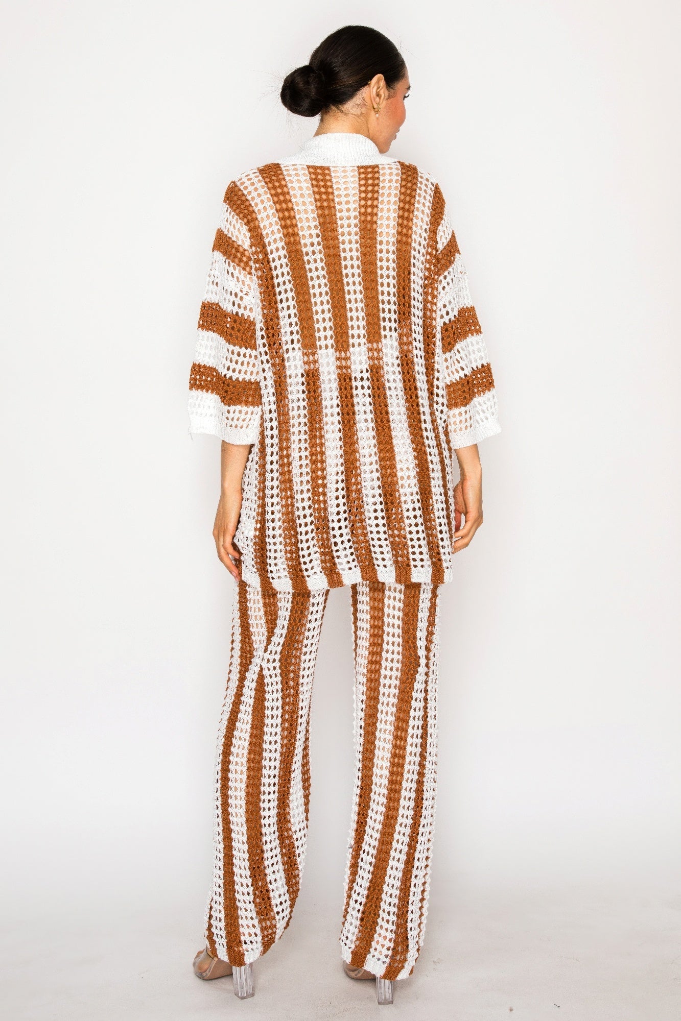 Sheer Stripe Polo Knit Pants Set