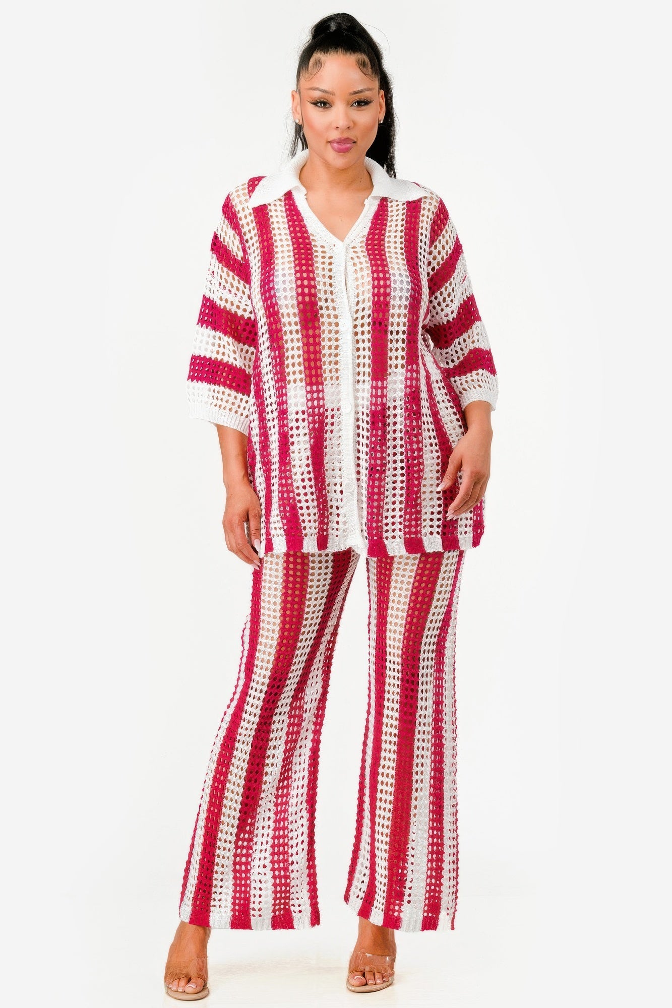 Sheer Stripe Polo Knit Pants Set