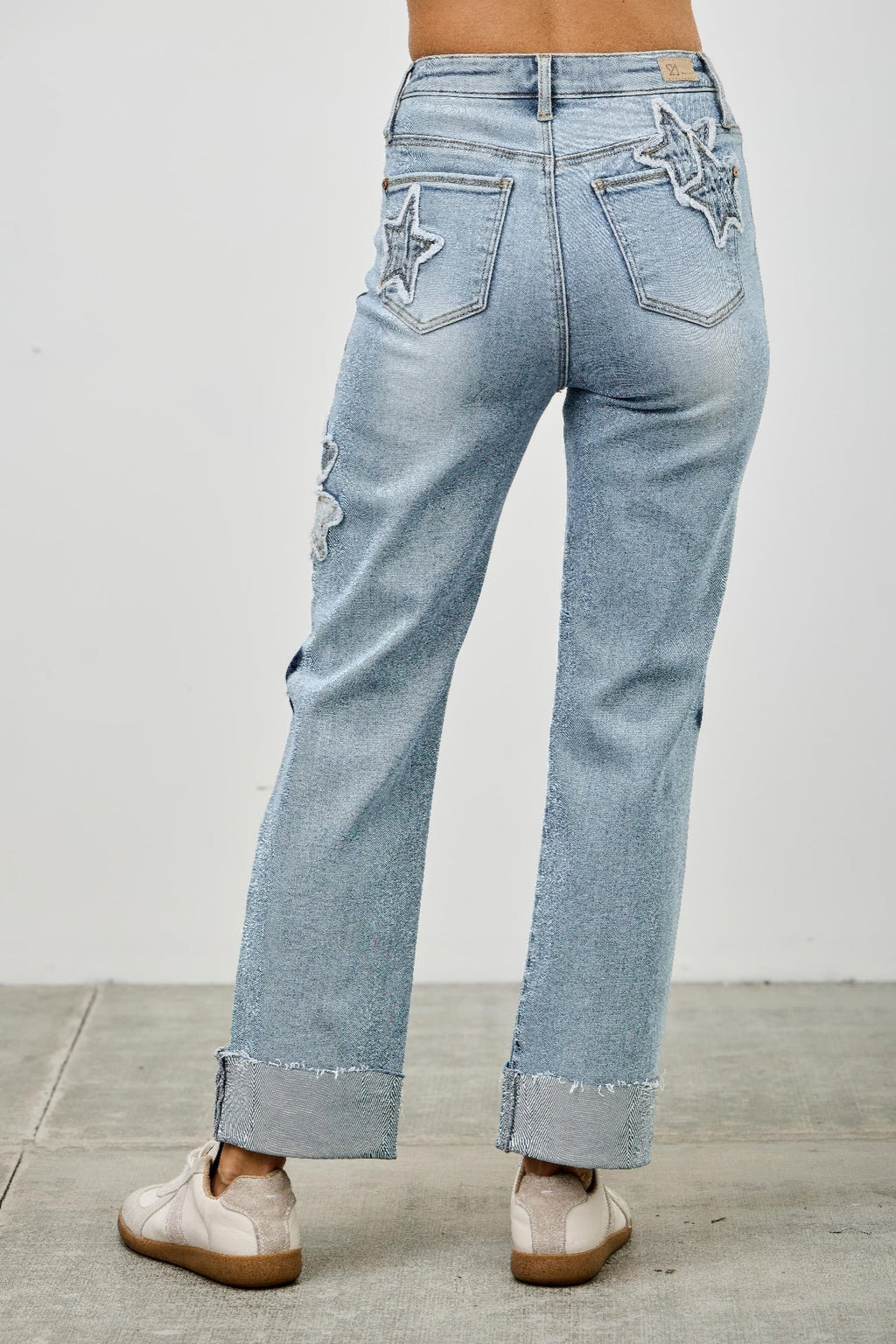 High Rise Star & Heart Patched Dad Jean W/stretch