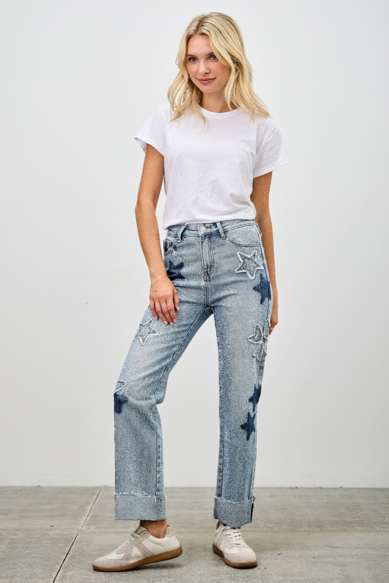 High Rise Star & Heart Patched Dad Jean W/stretch