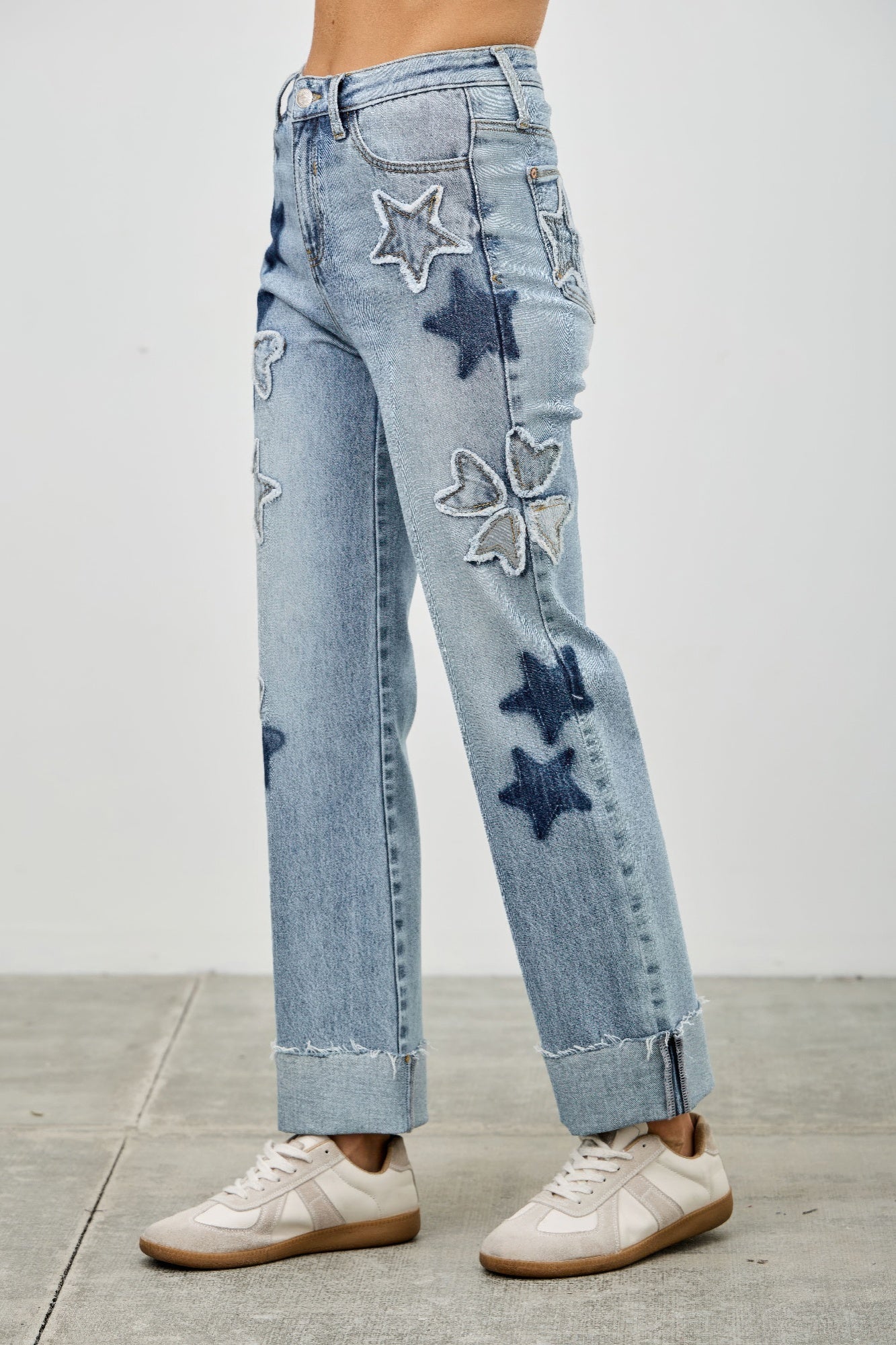 High Rise Star & Heart Patched Dad Jean W/stretch