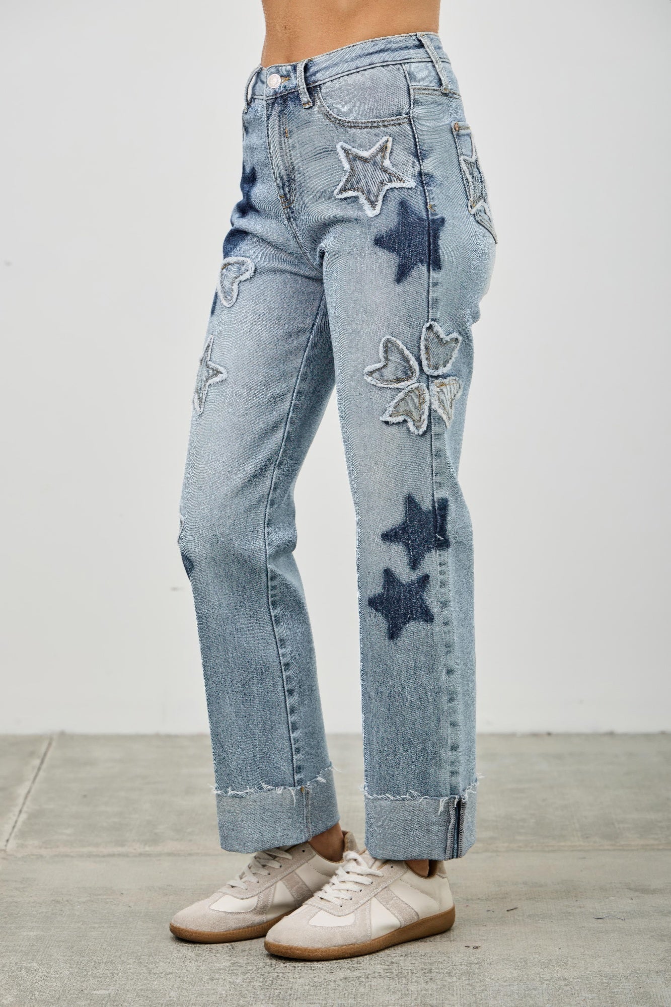 High Rise Star & Heart Patched Dad Jean W/stretch