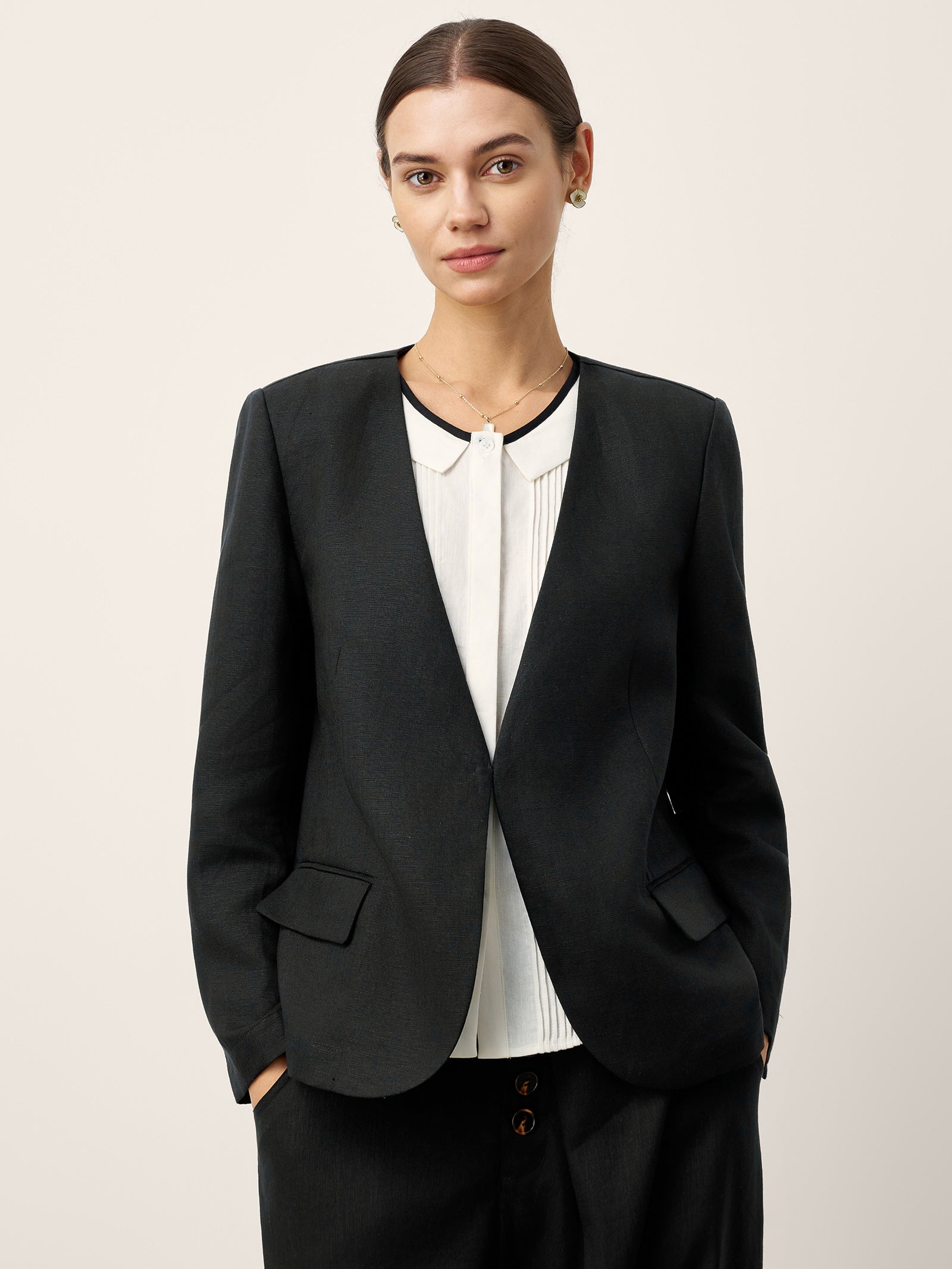 Linen-Lyocell Relaxed V-neck Tailored Blazer VERITY