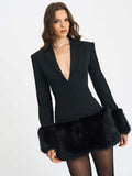Wenona Black Fur Trimmed V-Neck Mini Blazer Dress