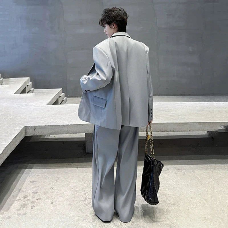 Two-Piece Single Breasted Casual Shoulder Pad Blazer Straight Suit