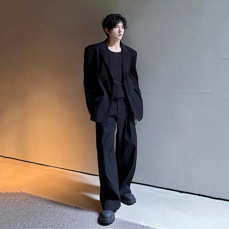 Two-Piece Single Breasted Casual Shoulder Pad Blazer Straight Suit