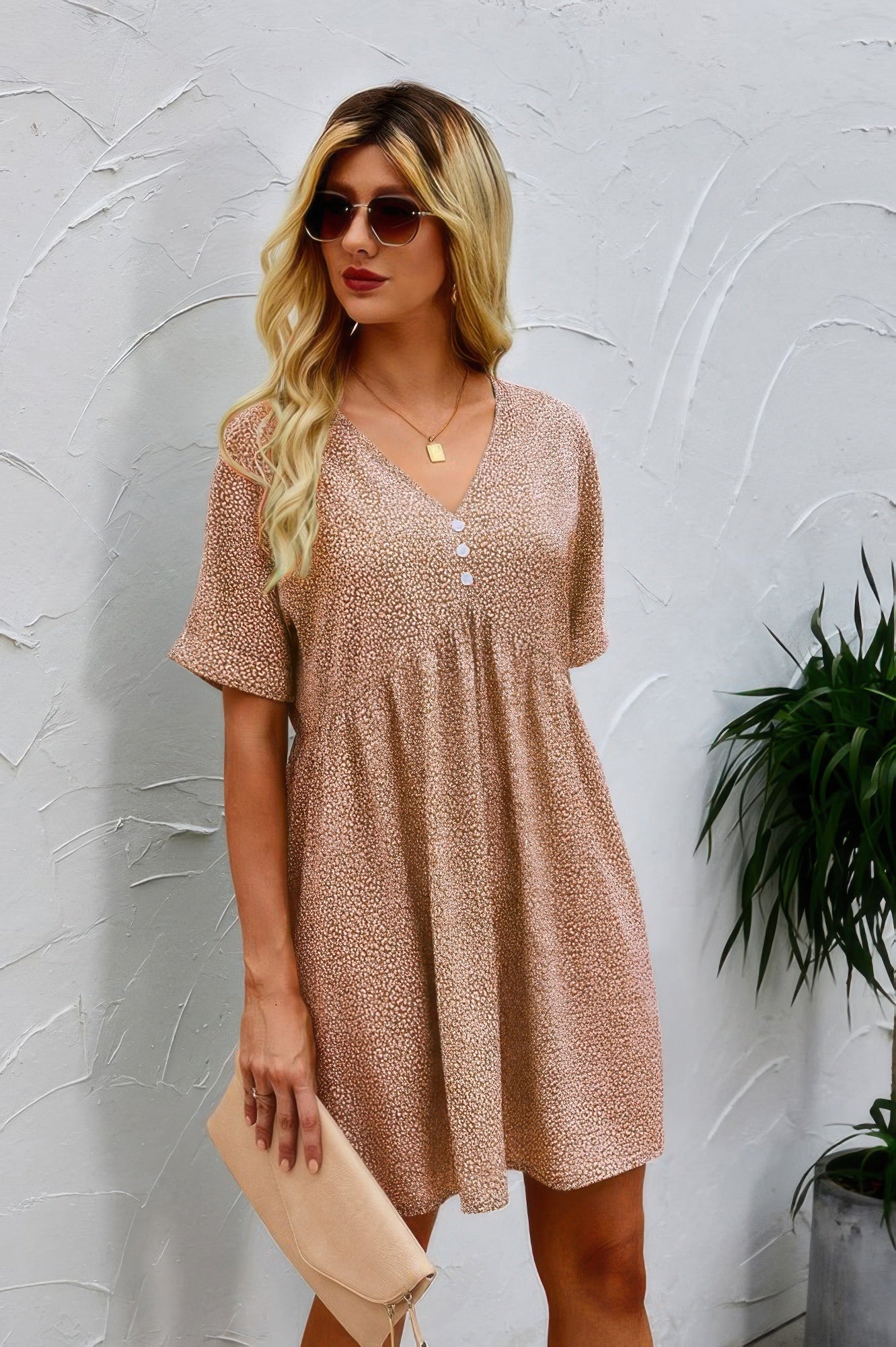 Button V Neck Short Sleeve Tunic Short Dress