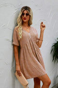 Button V Neck Short Sleeve Tunic Short Dress