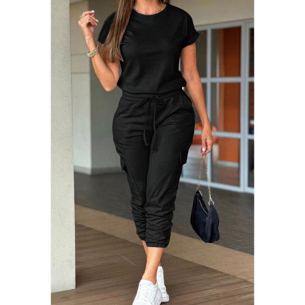One Piece Solid Round Neck Shirt Drawstring Jumpsuit