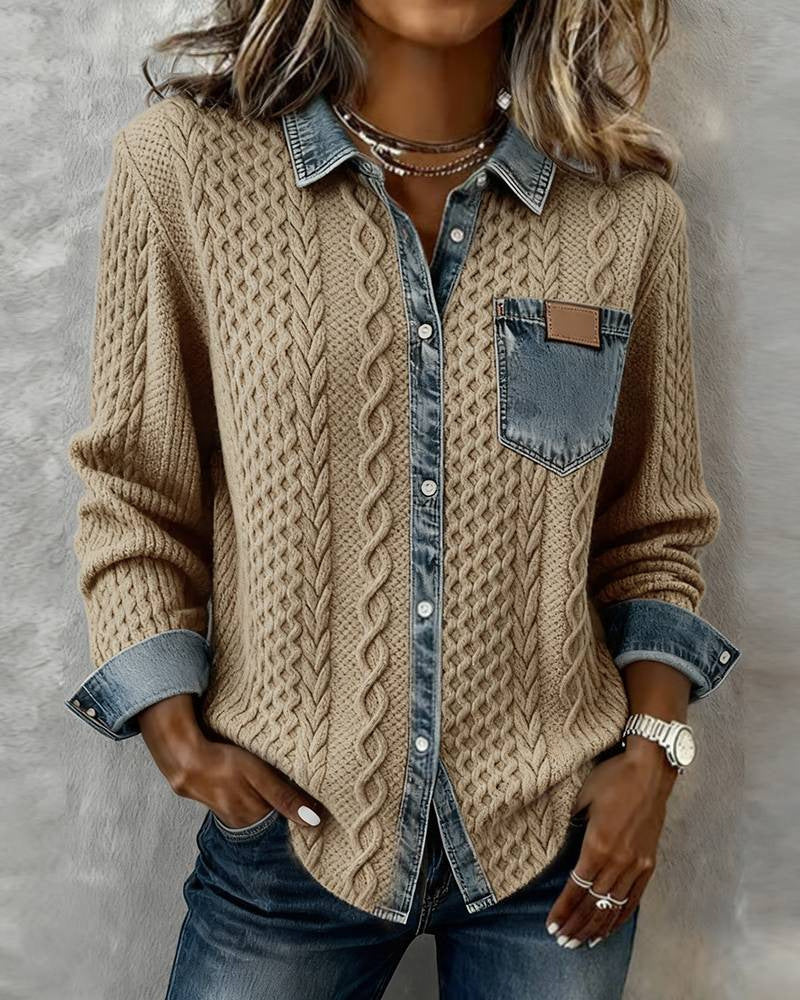 Women's Fashion Knit-and-jean Patchwork Shirt For Fall And Winter