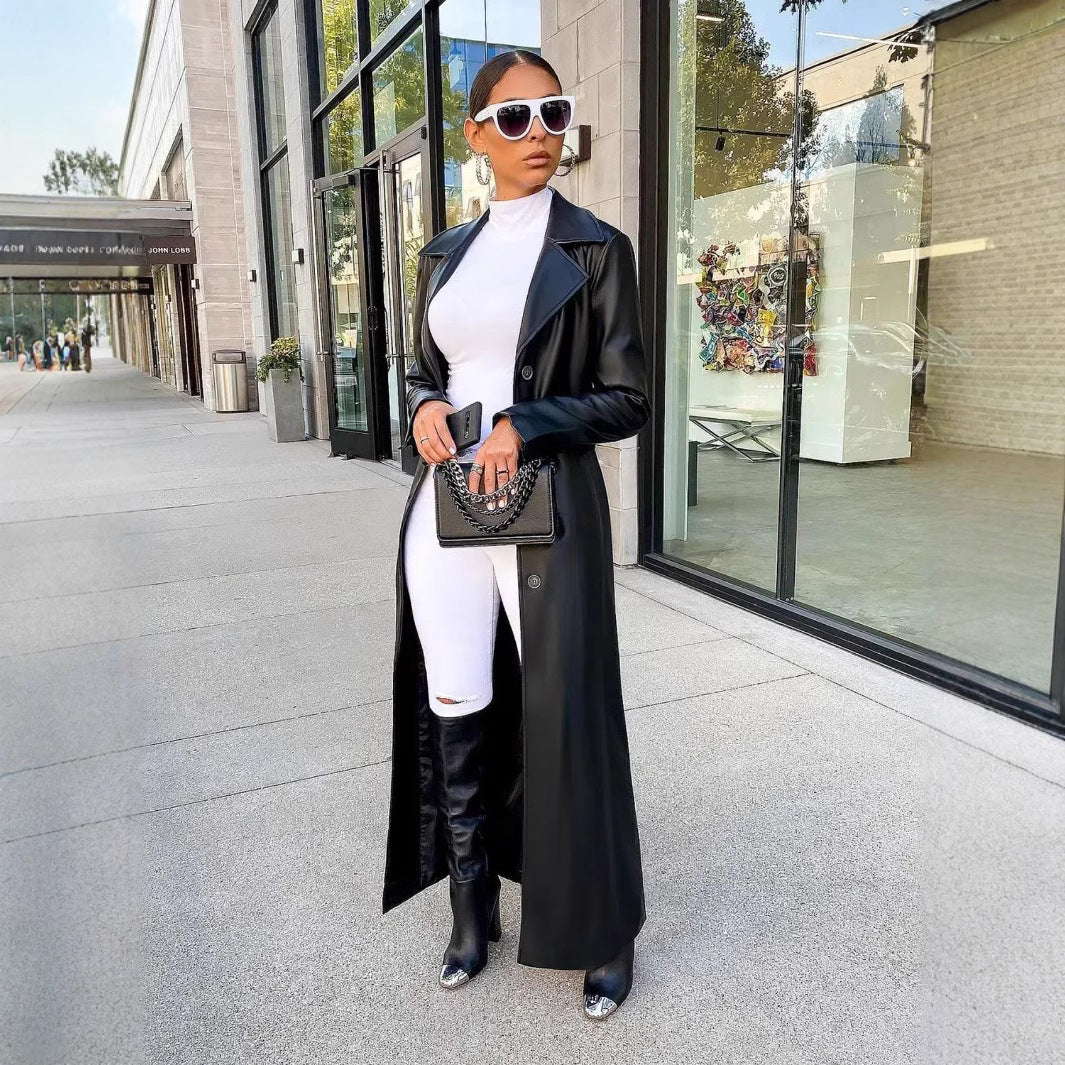 Lapel Button Street All-match Warm And Trendy Long Leather Coat