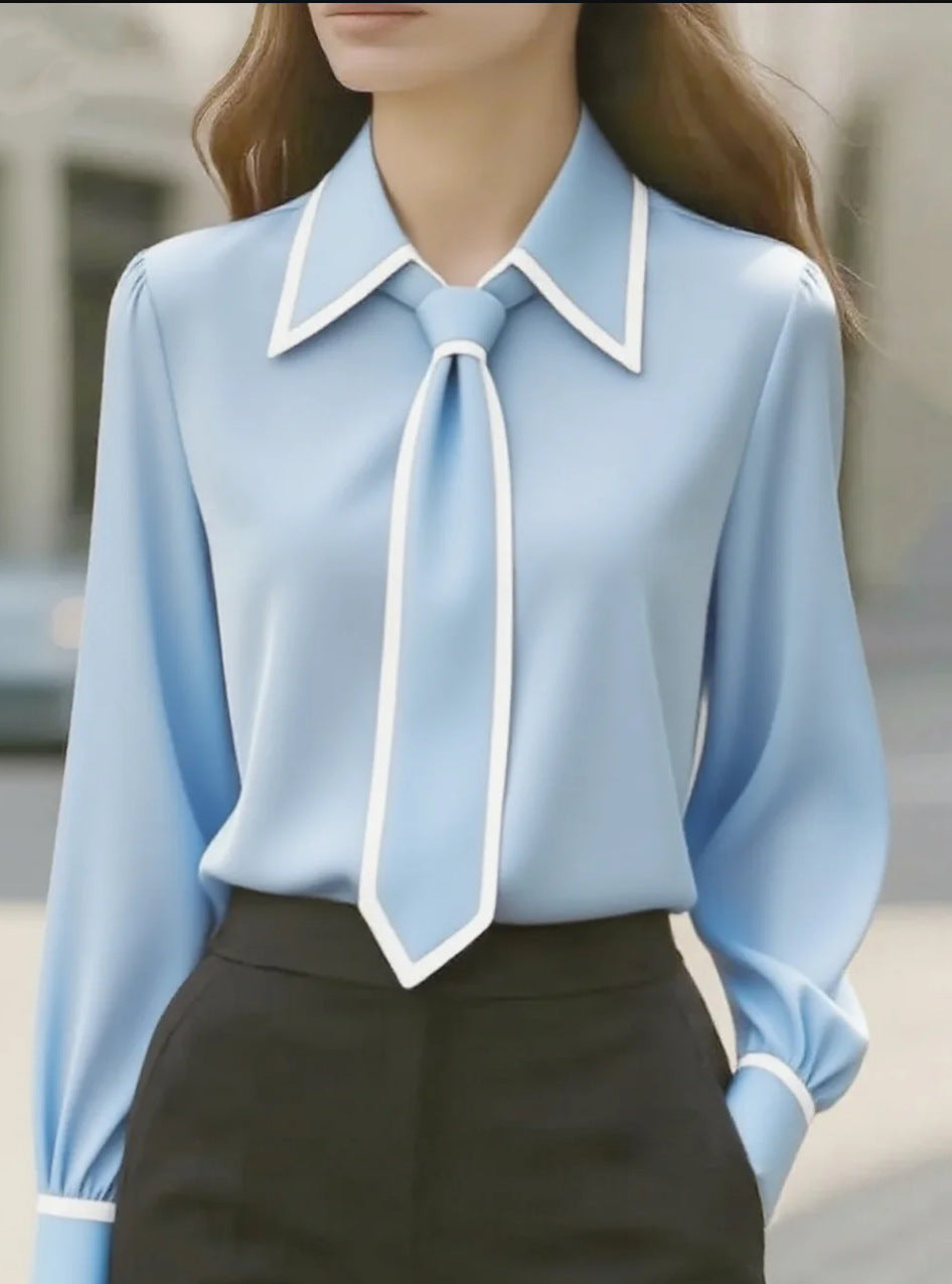 Autumn Fashion Solid Color Commute Tie Design Long Sleeve Shirt Women's Clothing