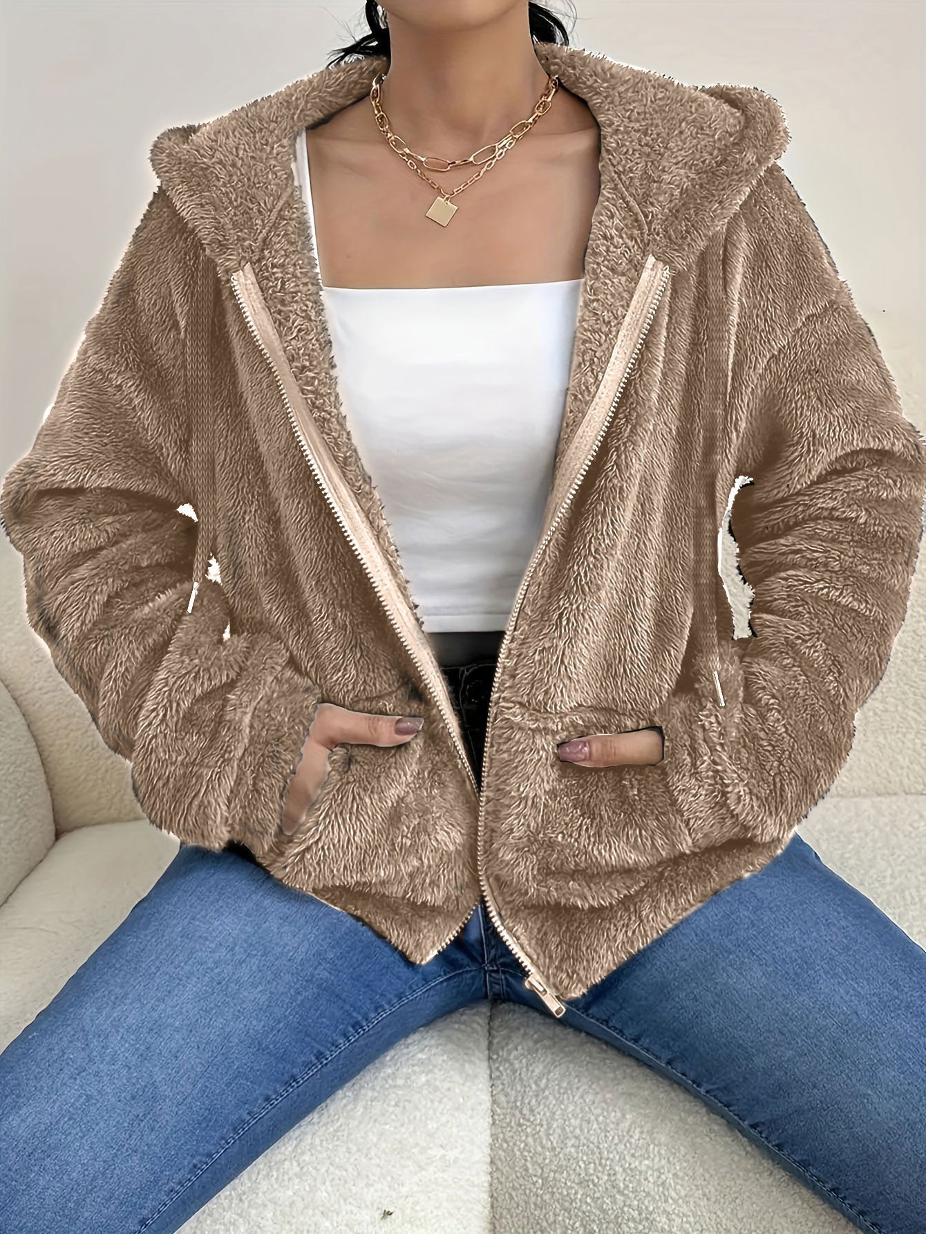 Casual Cozy Loose-fitting Hoodie With A Hood Zipper And Plush Pockets