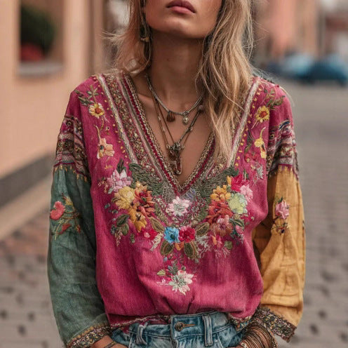 Women's Casual Vintage Bohemian V-neck Top With Ethnic-style Long Sleeves