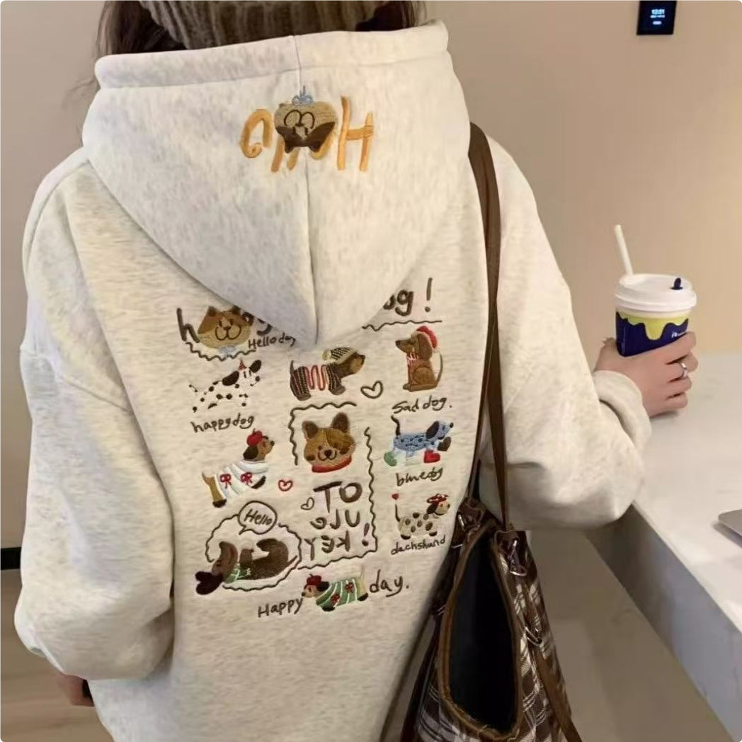 Cute Dachshund Embroidered Hoodie For Women