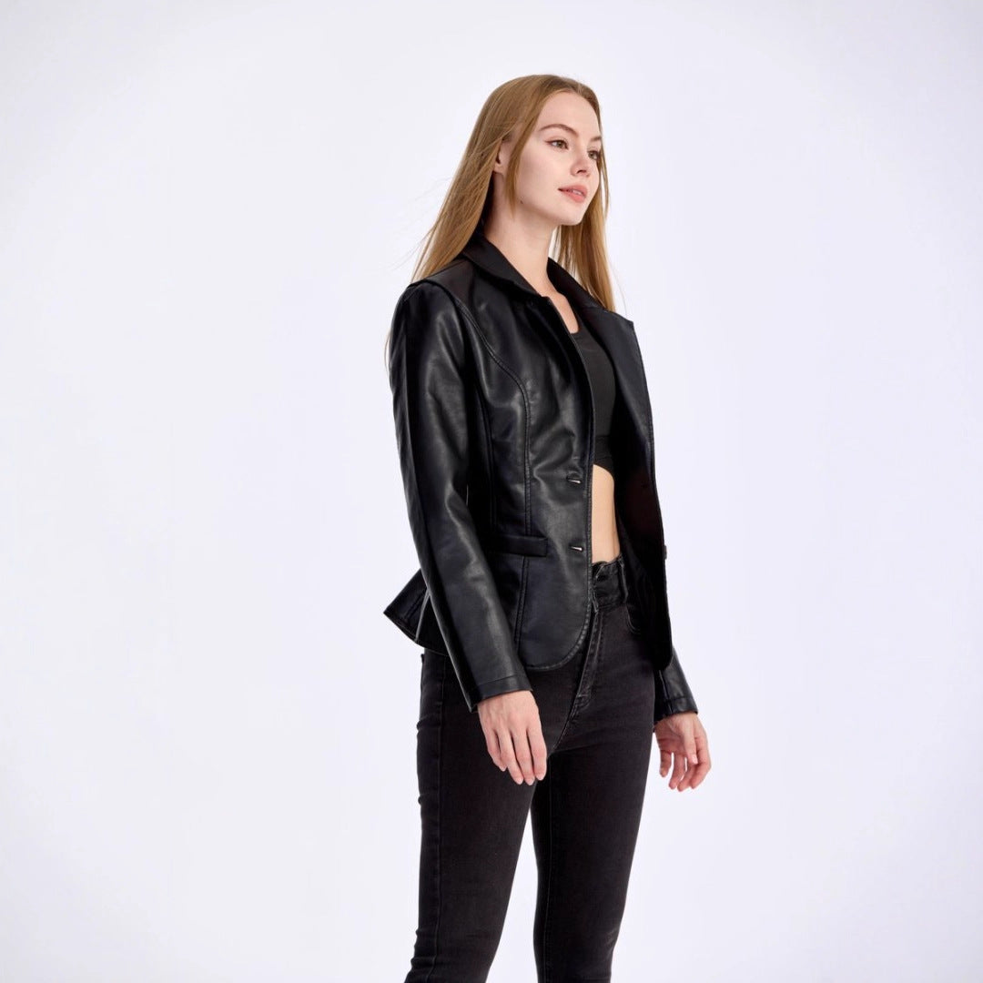 Womens Slim-fit Lightweight PU Leather Moto Jacket With A Turn-down Collar